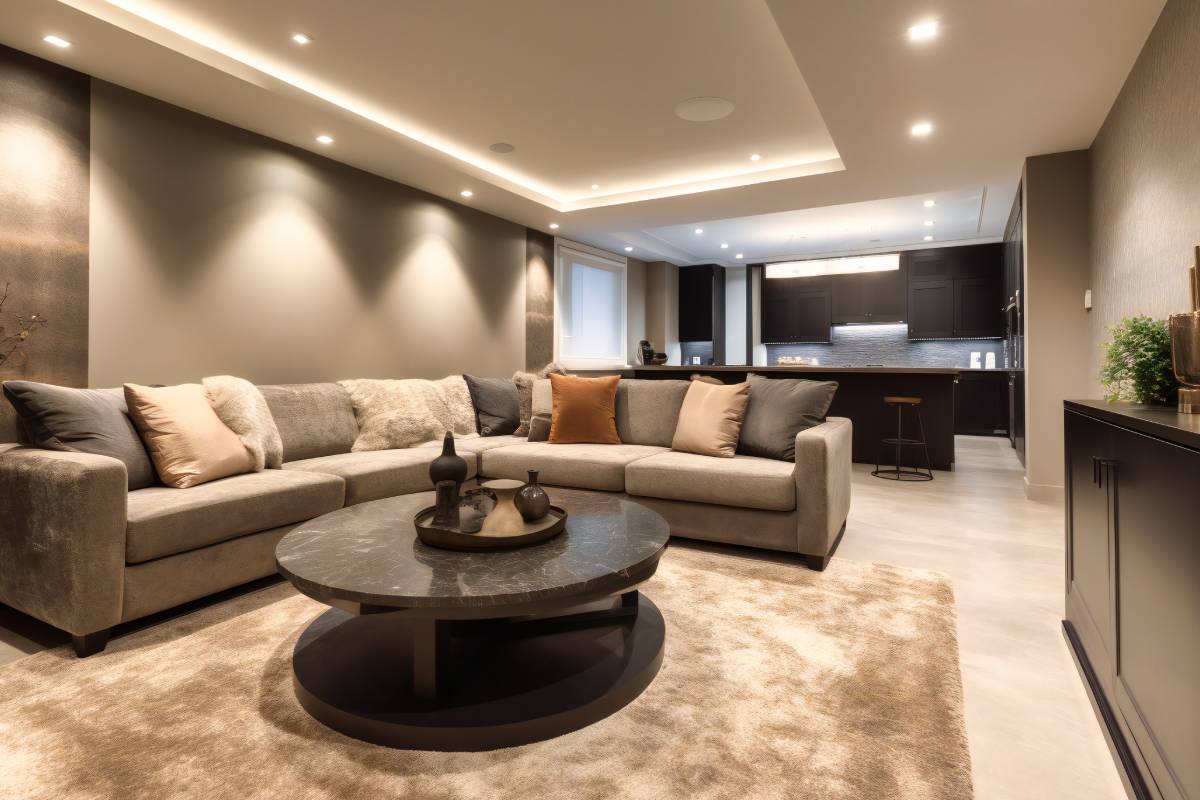 Large and beautifully decorated finished basement with a large upholstered sectional