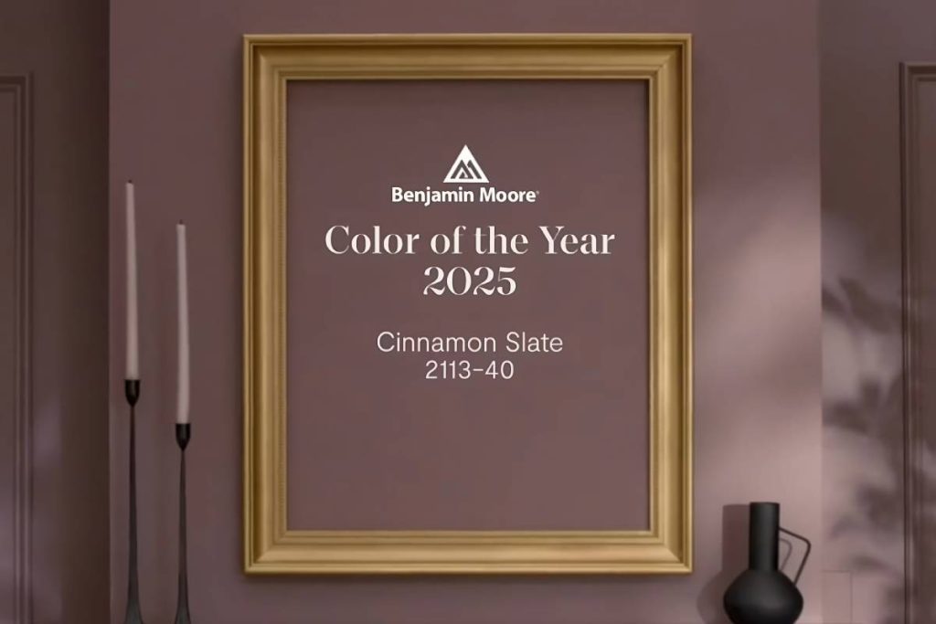Benjamin Moore Color of the Year 2025 Cinnamon Slate 2113-40 announcement in a gold frame