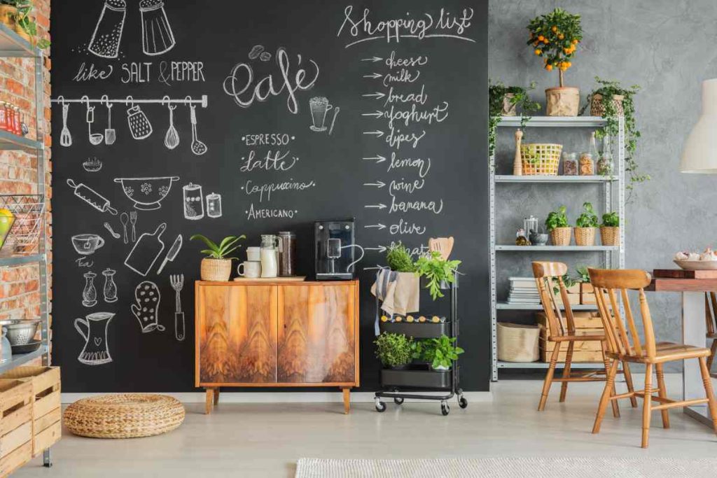 A chalkboard-painted accent wall with drawings and a shopping list in a cozy coffee nook at the side at Phillips Paint & Decorating Center near Lancaster, PA