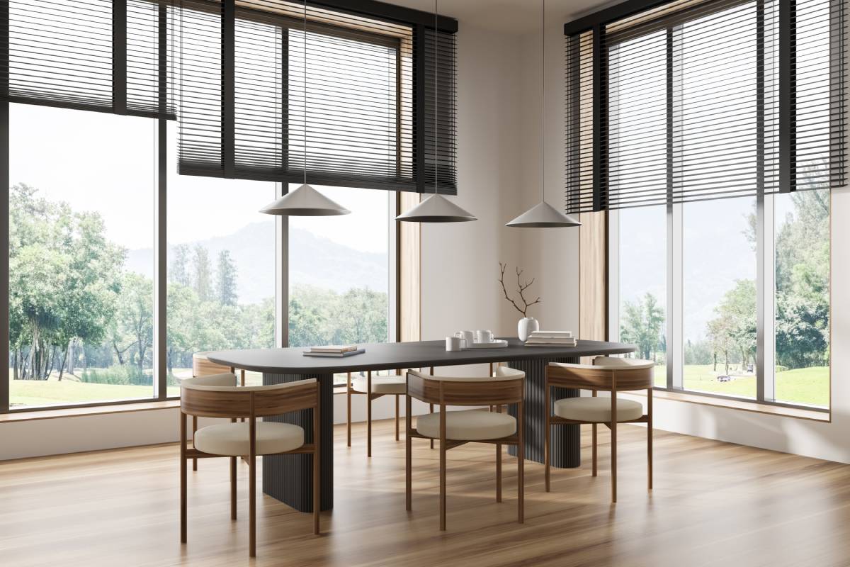Kitchen with contrasting interior paint and window blinds with a dark finish, creating an upscale aesthetic near Lancaster, PA